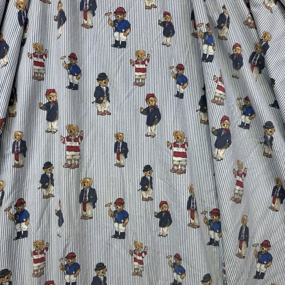 Vintage Ralph Lauren Polo Bear Full Size Fitted Sheet Blue Stripe Cotton Preppy